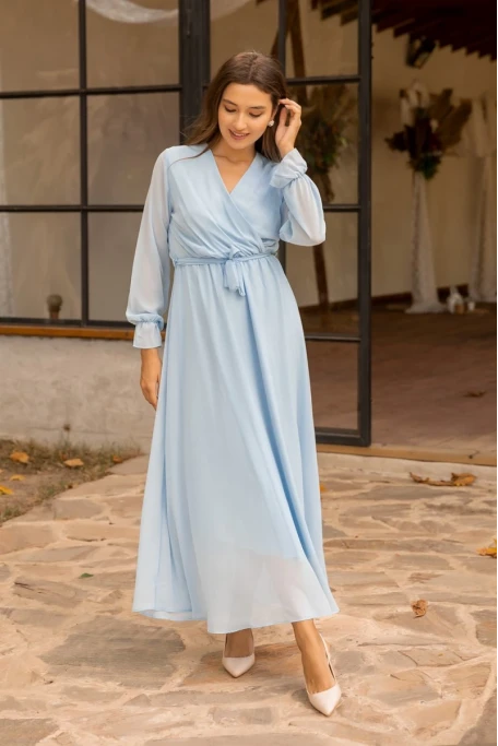 Uzun Düz Şifon Elbise Bebe Mavisi