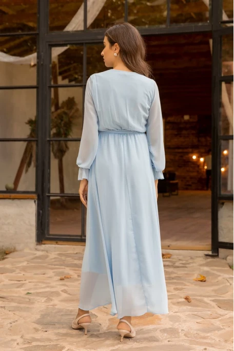 Uzun Düz Şifon Elbise Bebe Mavisi