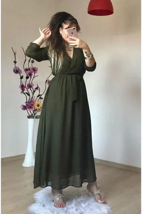 Uzun Düz Şifon Elbise Haki