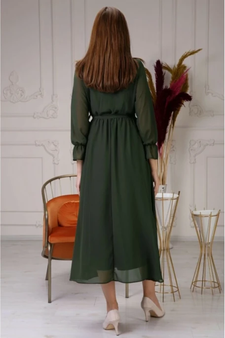 Uzun Düz Şifon Elbise Haki