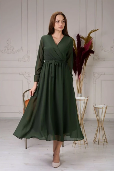 Uzun Düz Şifon Elbise Haki