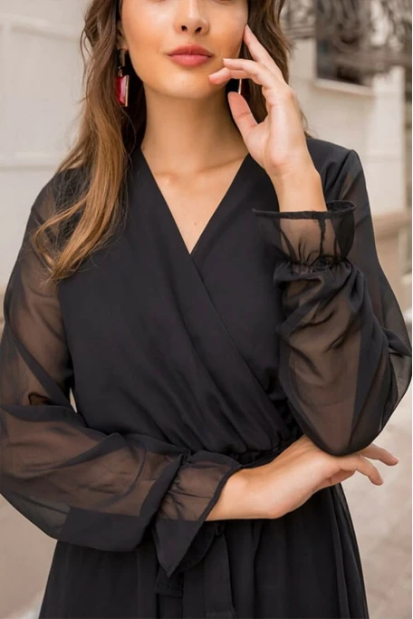 Uzun Düz Şifon Elbise Siyah