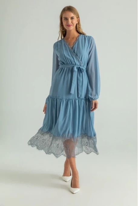 Uzun Kol Etek Ucu Güpürlü Elbise - MAVİ