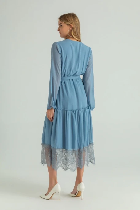 Uzun Kol Etek Ucu Güpürlü Elbise - MAVİ