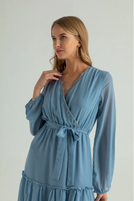 Uzun Kol Etek Ucu Güpürlü Elbise - MAVİ