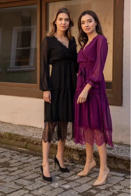 Uzun Kol Etek Ucu Güpürlü Elbise - SİYAH