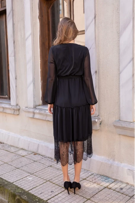 Uzun Kol Etek Ucu Güpürlü Elbise - SİYAH