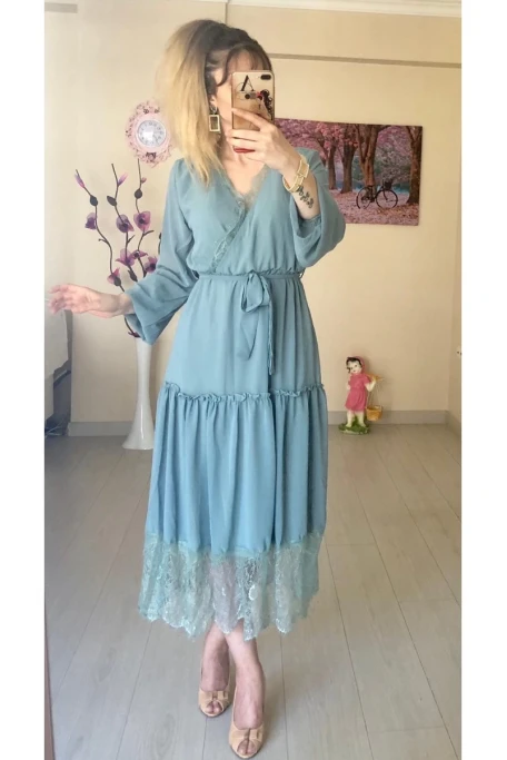 Uzun Kol Etek Ucu Güpürlü Elbise - SU YEŞİLİ