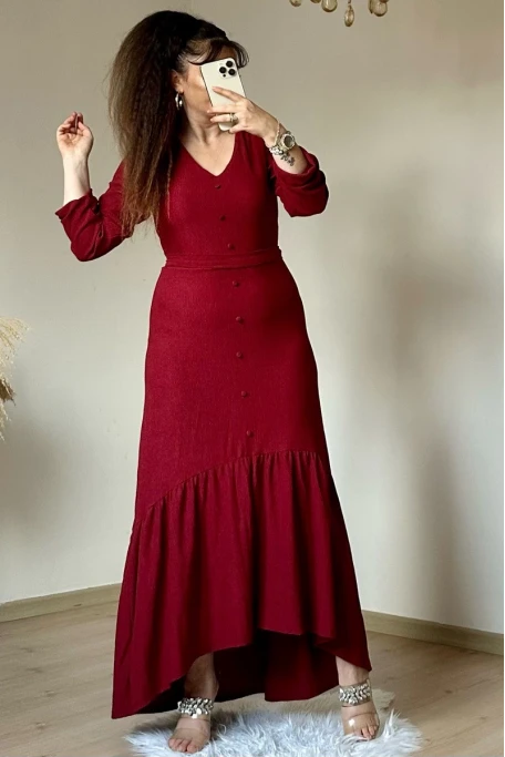 Uzun Kol Romantik Elbise Bordo