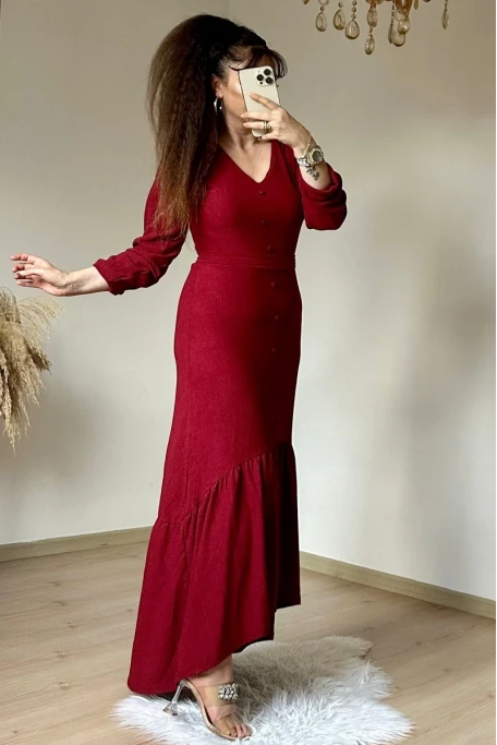 Uzun Kol Romantik Elbise Bordo