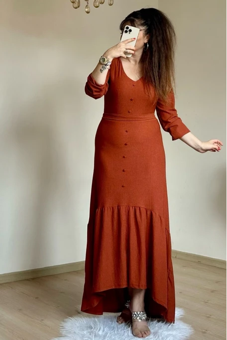 Uzun Kol Romantik Elbise Kiremit