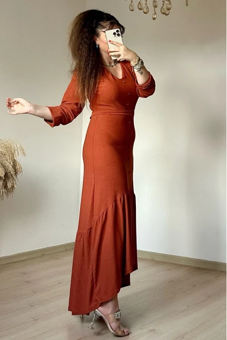 Uzun Kol Romantik Elbise Kiremit