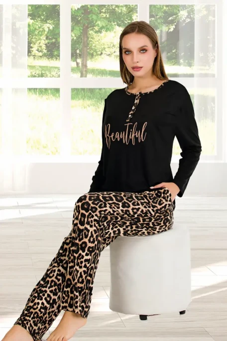 Uzun Kol Yaka Düğmeli Leopar Bayan Pijama Takımı