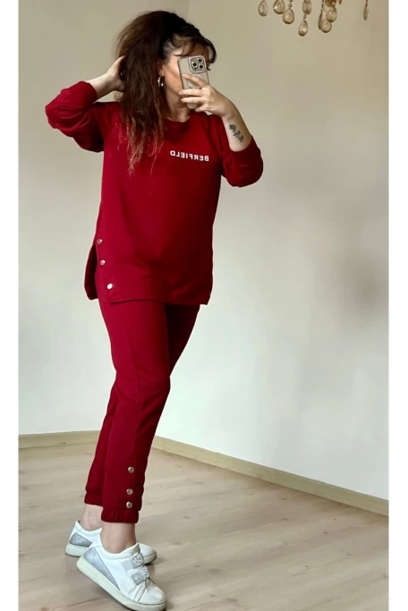 Uzun Kol Yan Çıtçıtlı Bordo Takım
