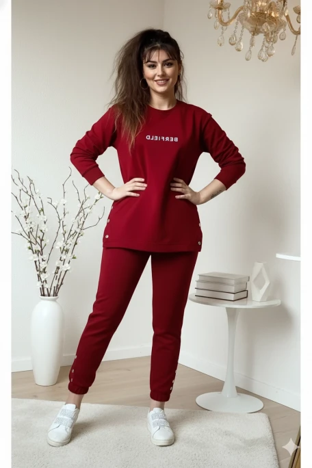 Uzun Kol Yan Çıtçıtlı Bordo Takım