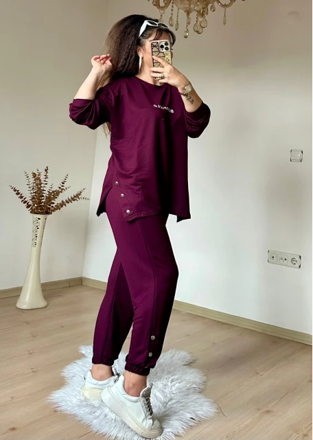 Uzun Kol Yan Çıtçıtlı Mürdüm Takım