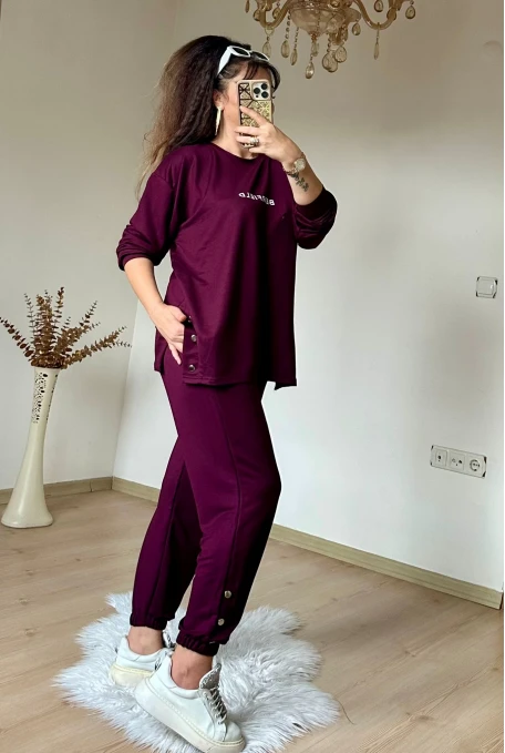 Uzun Kol Yan Çıtçıtlı Mürdüm Takım