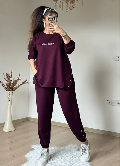 Uzun Kol Yan Çıtçıtlı Mürdüm Takım