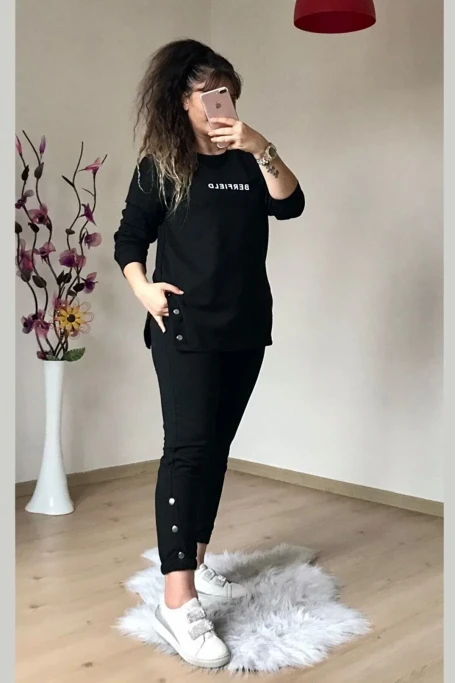 Uzun Kol Yan Çıtçıtlı Siyah Takım