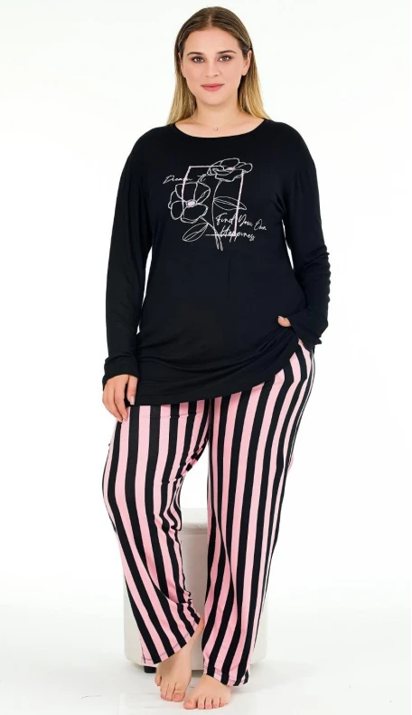 Uzun Kollu Siyah Büyük Beden Viskon Pijama Takımı