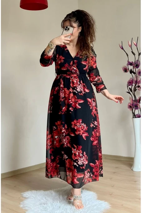 Uzun Nar Çiçeği Şifon Elbise