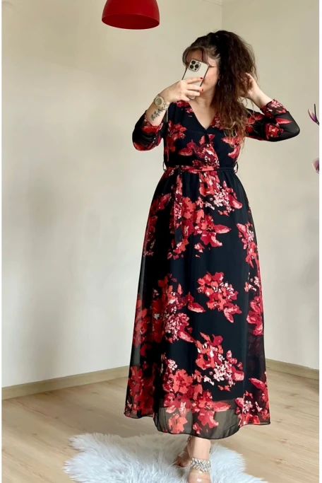 Uzun Nar Çiçeği Şifon Elbise