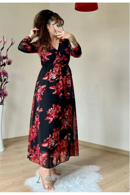 Uzun Nar Çiçeği Şifon Elbise