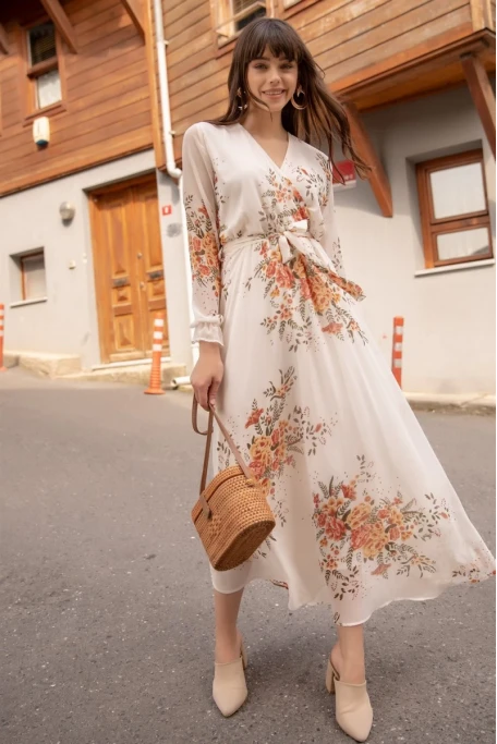 Uzun Sarı çiçekli Şifon Elbise - Beyaz