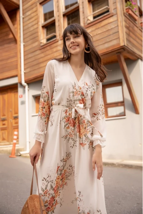 Uzun Sarı çiçekli Şifon Elbise - Beyaz