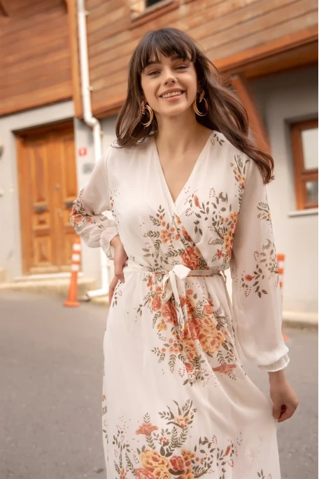 Uzun Sarı çiçekli Şifon Elbise - Beyaz