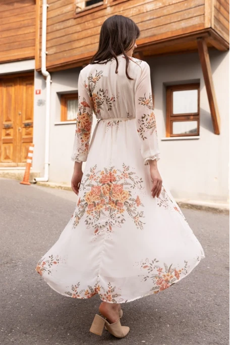 Uzun Sarı çiçekli Şifon Elbise - Beyaz