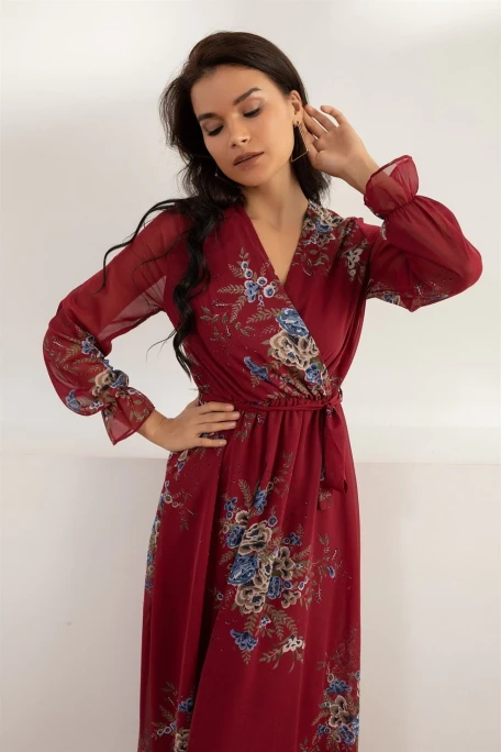 Uzun Sarı çiçekli Şifon Elbise - Bordo