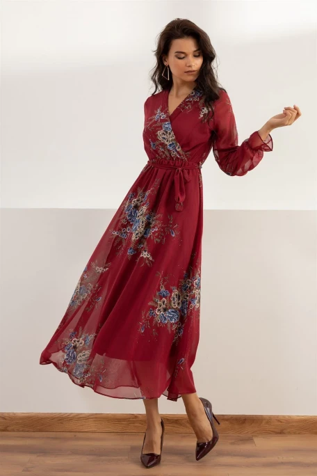 Uzun Sarı çiçekli Şifon Elbise - Bordo