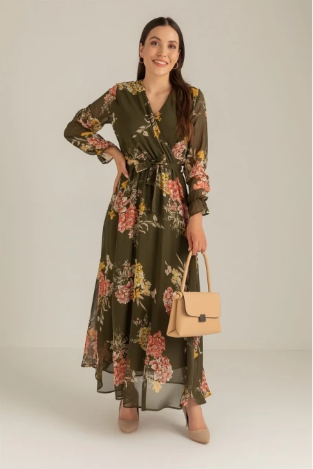 Uzun Sarı çiçekli Şifon Elbise - Haki