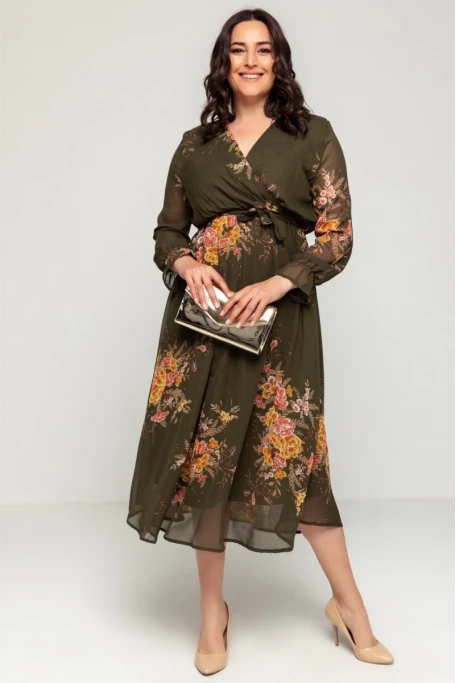 Uzun Sarı çiçekli Şifon Elbise - Haki