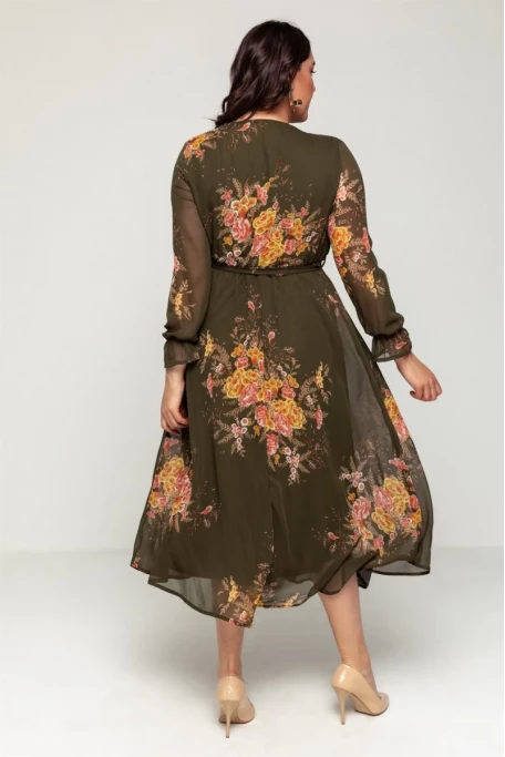 Uzun Sarı çiçekli Şifon Elbise - Haki