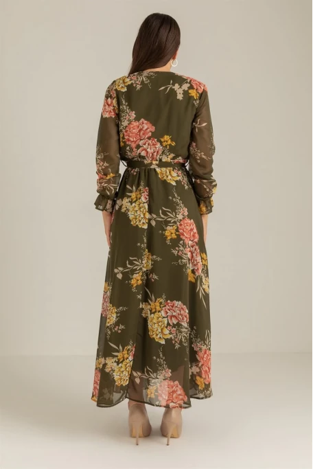 Uzun Sarı çiçekli Şifon Elbise - Haki