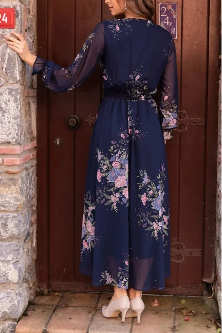 Uzun Sarı çiçekli Şifon Elbise - Lacivert