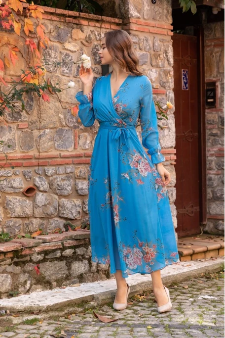 Uzun Sarı çiçekli Şifon Elbise - Mavi