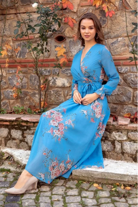 Uzun Sarı çiçekli Şifon Elbise - Mavi