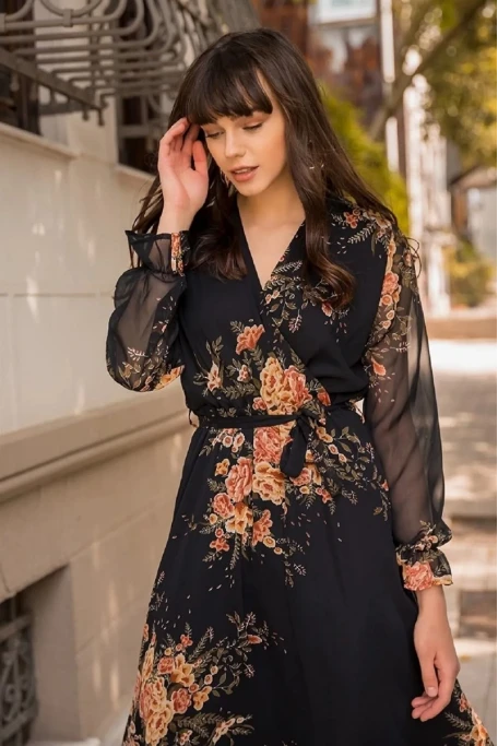 Uzun Sarı çiçekli Şifon Elbise - Siyah