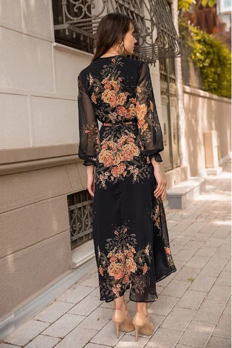Uzun Sarı çiçekli Şifon Elbise - Siyah