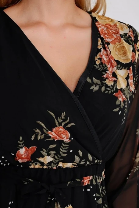 Uzun Sarı çiçekli Şifon Elbise - Siyah