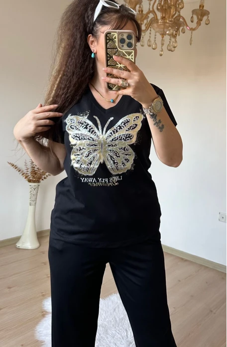 Varak Baskı Kelebek Takım Siyah