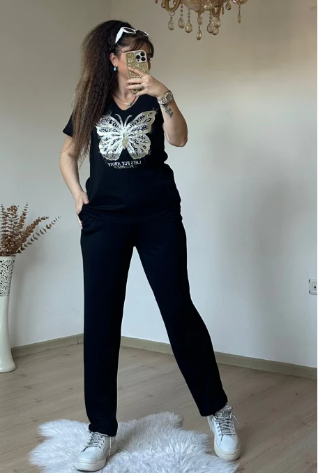 Varak Baskı Kelebek Takım Siyah