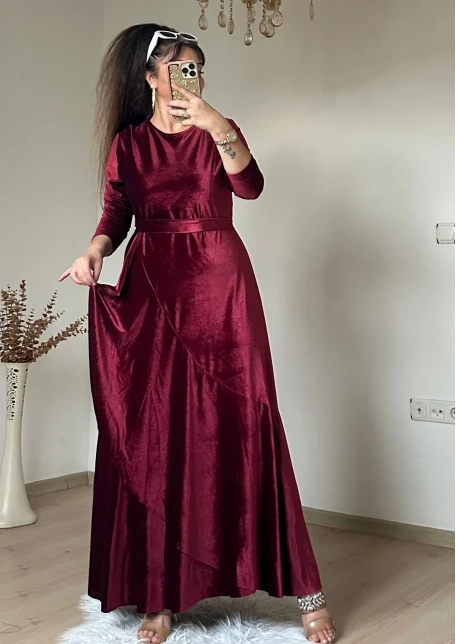 Volanlı Fırfırlı Kadife Elbıse Bordo