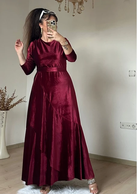 Volanlı Fırfırlı Kadife Elbıse Bordo