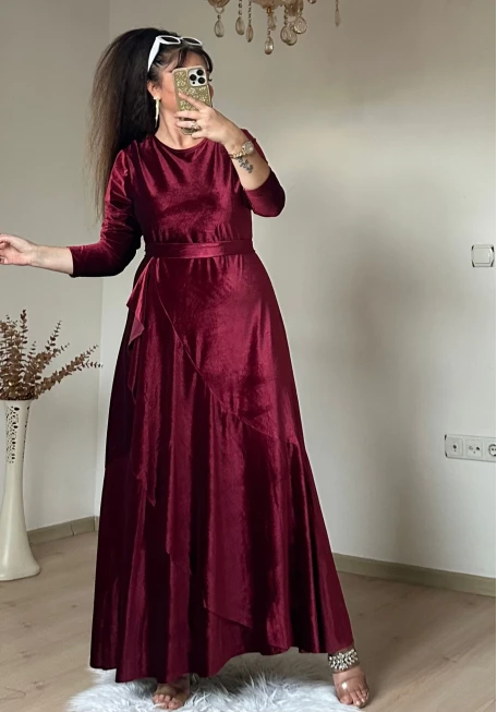 Volanlı Fırfırlı Kadife Elbıse Bordo