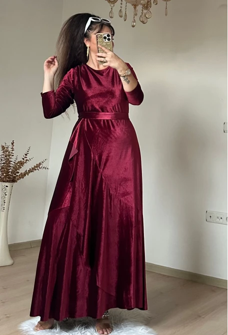 Volanlı Fırfırlı Kadife Elbıse Bordo