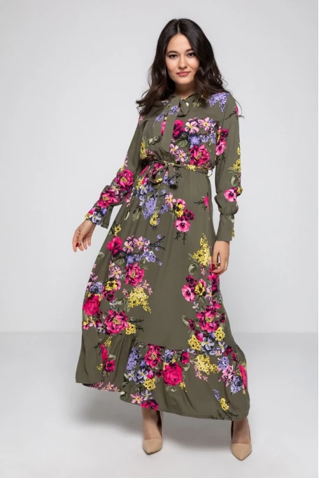 Yaka Bağlama İri Çiçek Desen Elbise - HAKİ